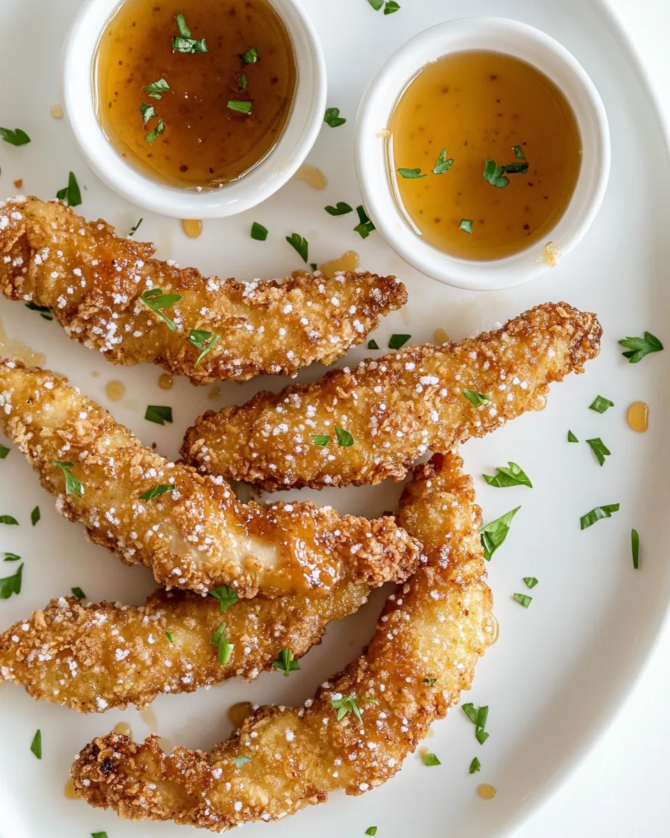 Perfect Hot Honey Pretzel Chicken Fingers with House Sauce. picture