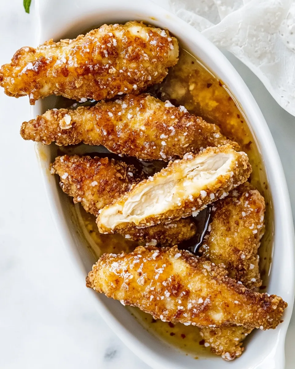 Savory Hot Honey Pretzel Chicken Fingers with House Sauce. image