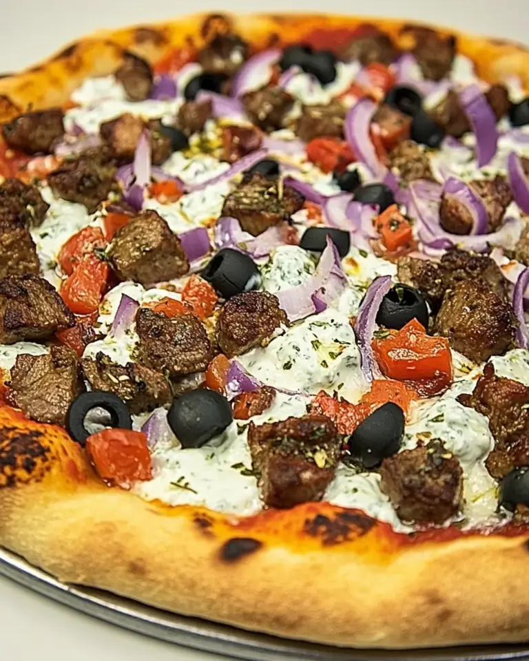 Homemade Lamb Souvlaki Pizza with Tzatziki Sauce photo