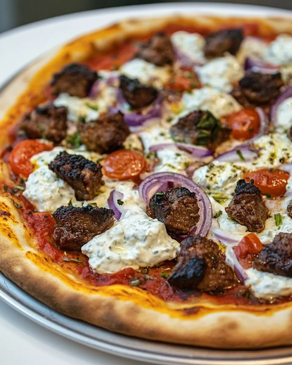 Easy Lamb Souvlaki Pizza with Tzatziki Sauce shot
