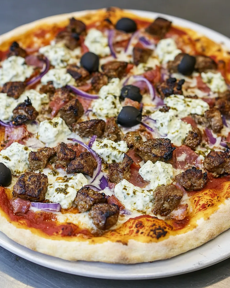Delicious Lamb Souvlaki Pizza with Tzatziki Sauce recipe image