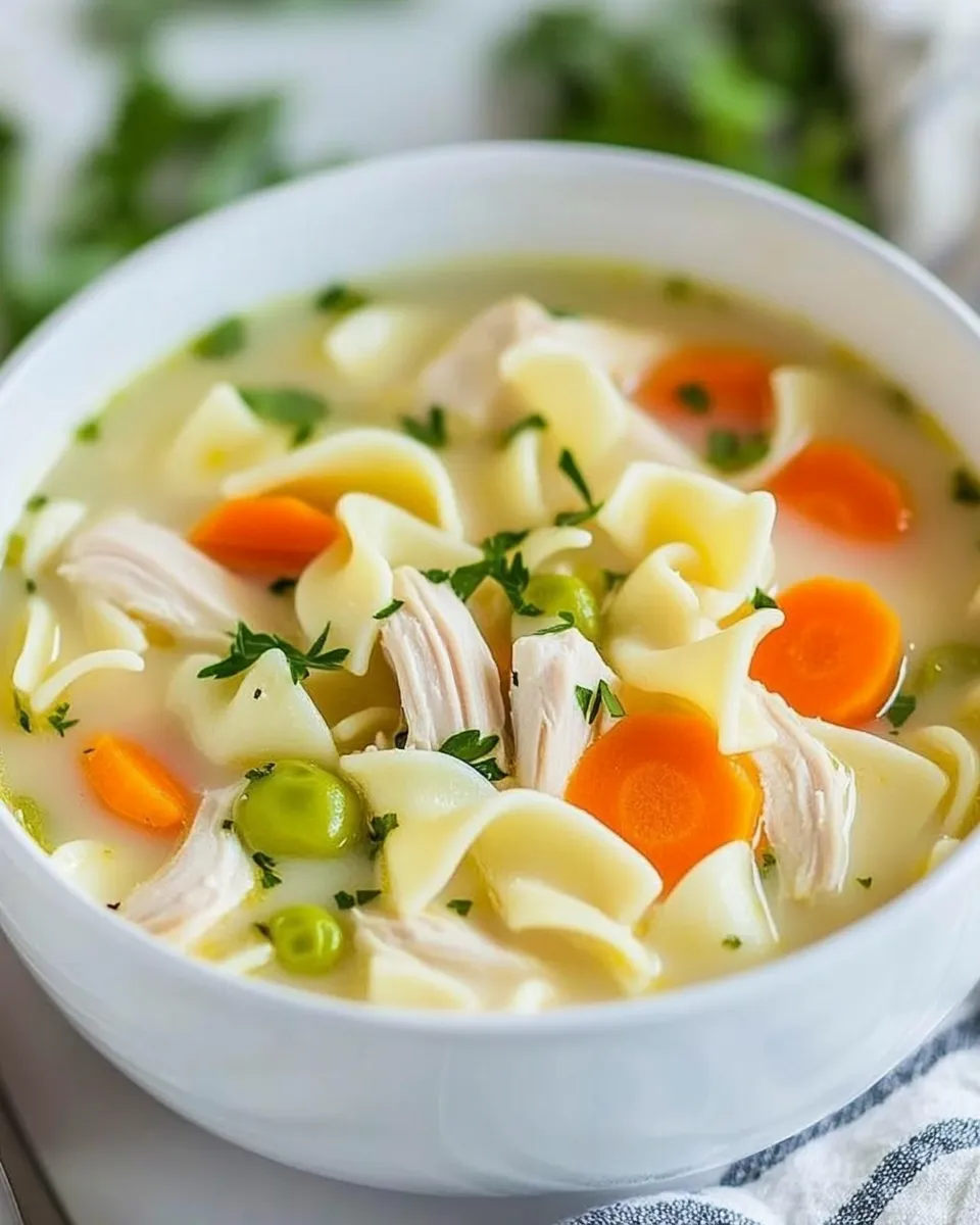 Delicious Lightened Up Creamy Chicken Noodle Soup shot