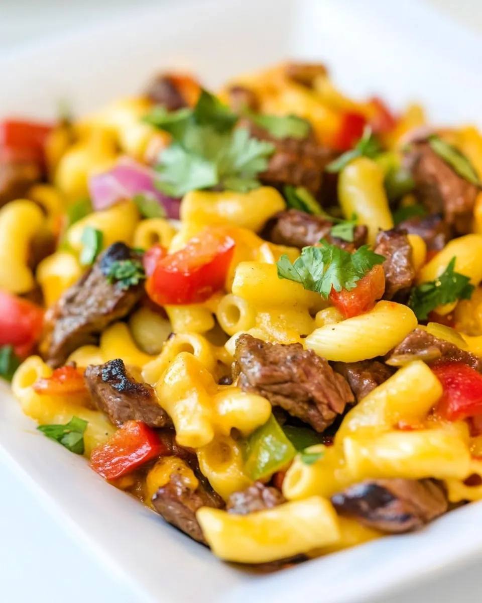 Delicious Mac and Cheese Steak Fajitas shot