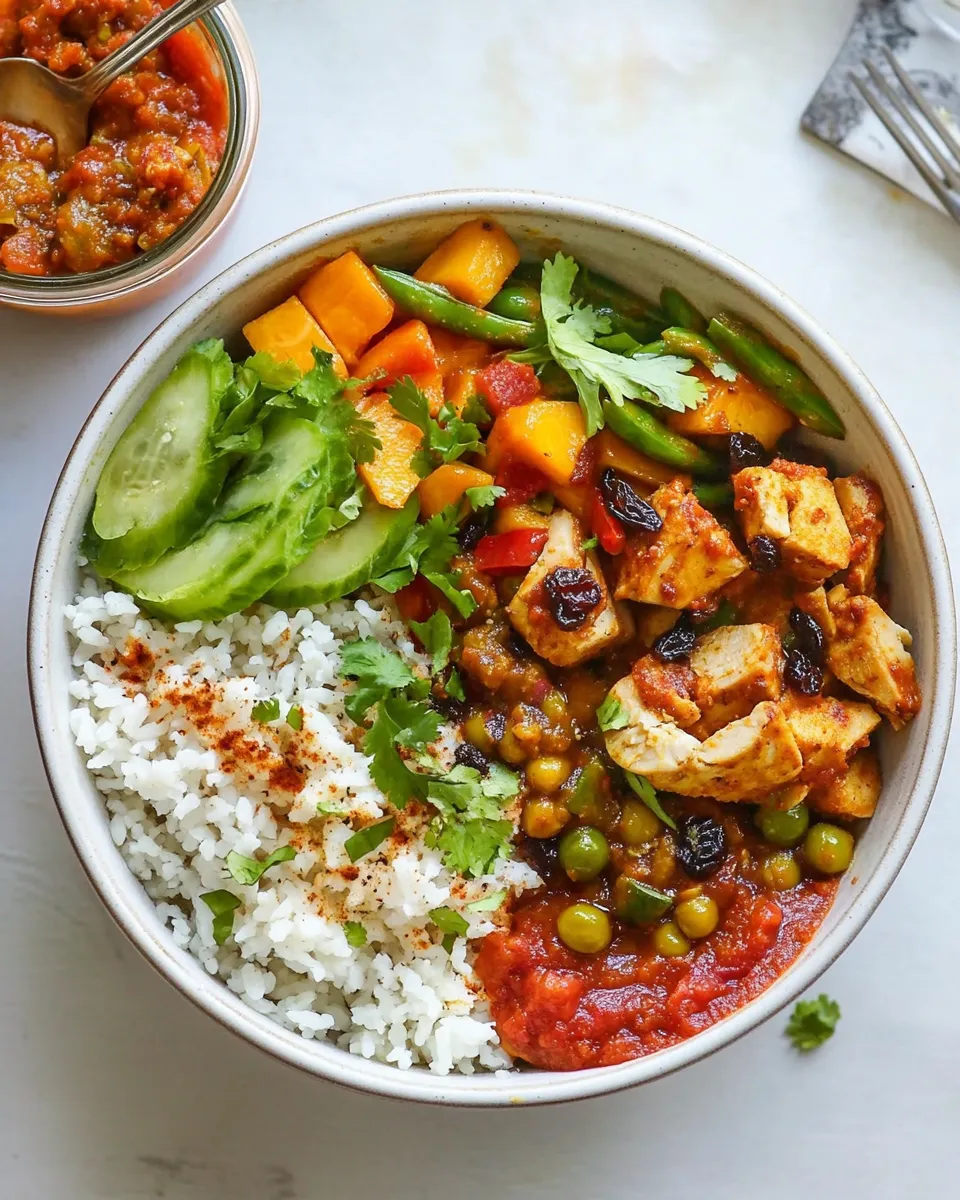 Delicious Masala Turkey Buddha Bowl with 10-Minute Mango & Golden Raisin Chutney food shot