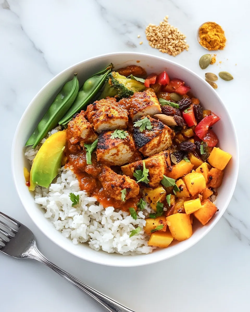 Healthy Masala Turkey Buddha Bowl with 10-Minute Mango & Golden Raisin Chutney dish photo
