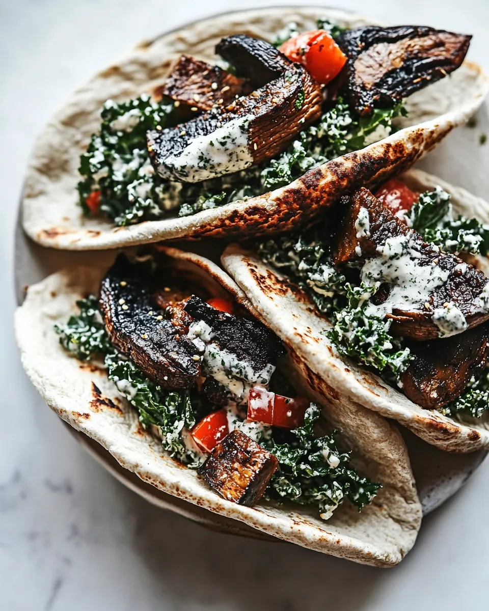 Delicious Miso Grilled Portobello & Kale Caesar Pitas recipe image