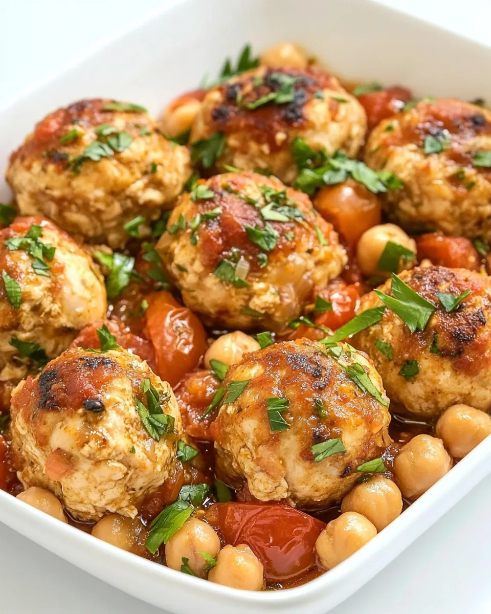 Delicious One Pan Mediterranean Chicken Meatballs, Tomatoes, and Chickpeas image