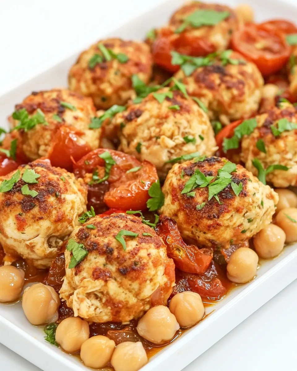 Quick One Pan Mediterranean Chicken Meatballs, Tomatoes, and Chickpeas shot