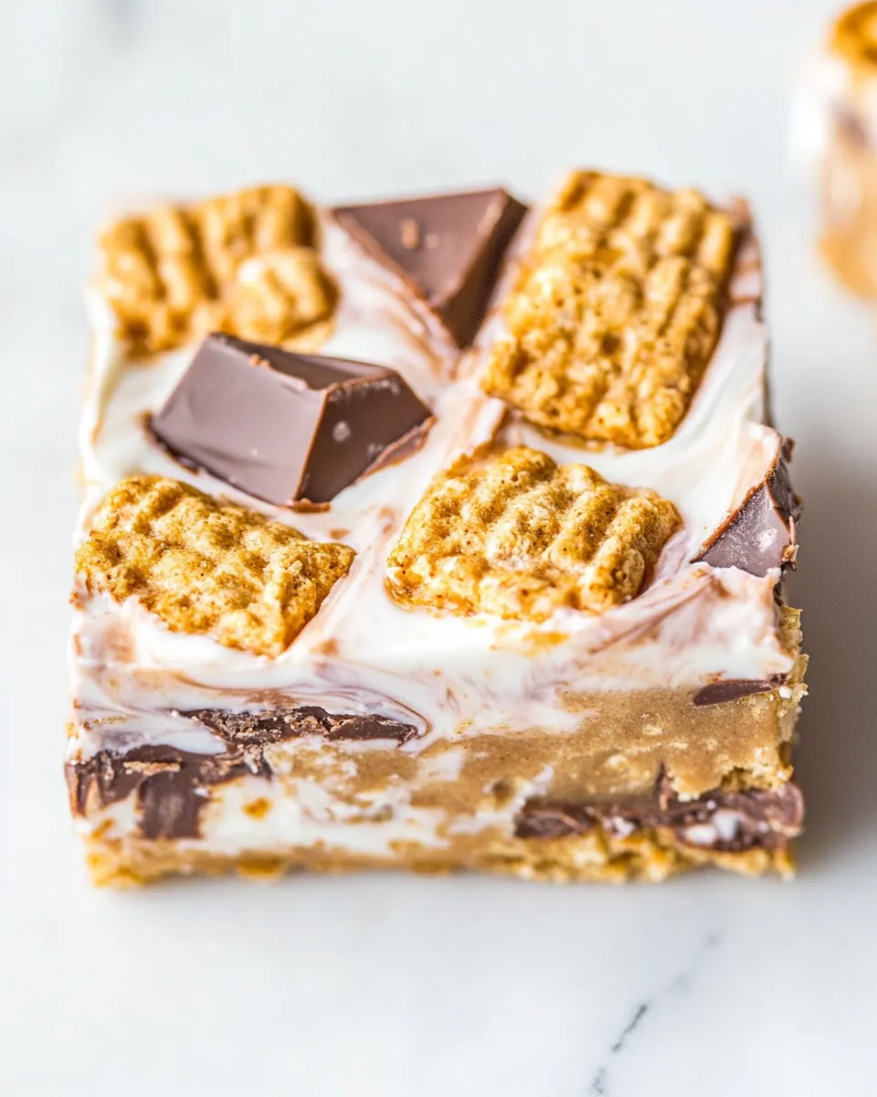 Quick Peanut Butter Cup Golden Grahams Smores Bars. photo
