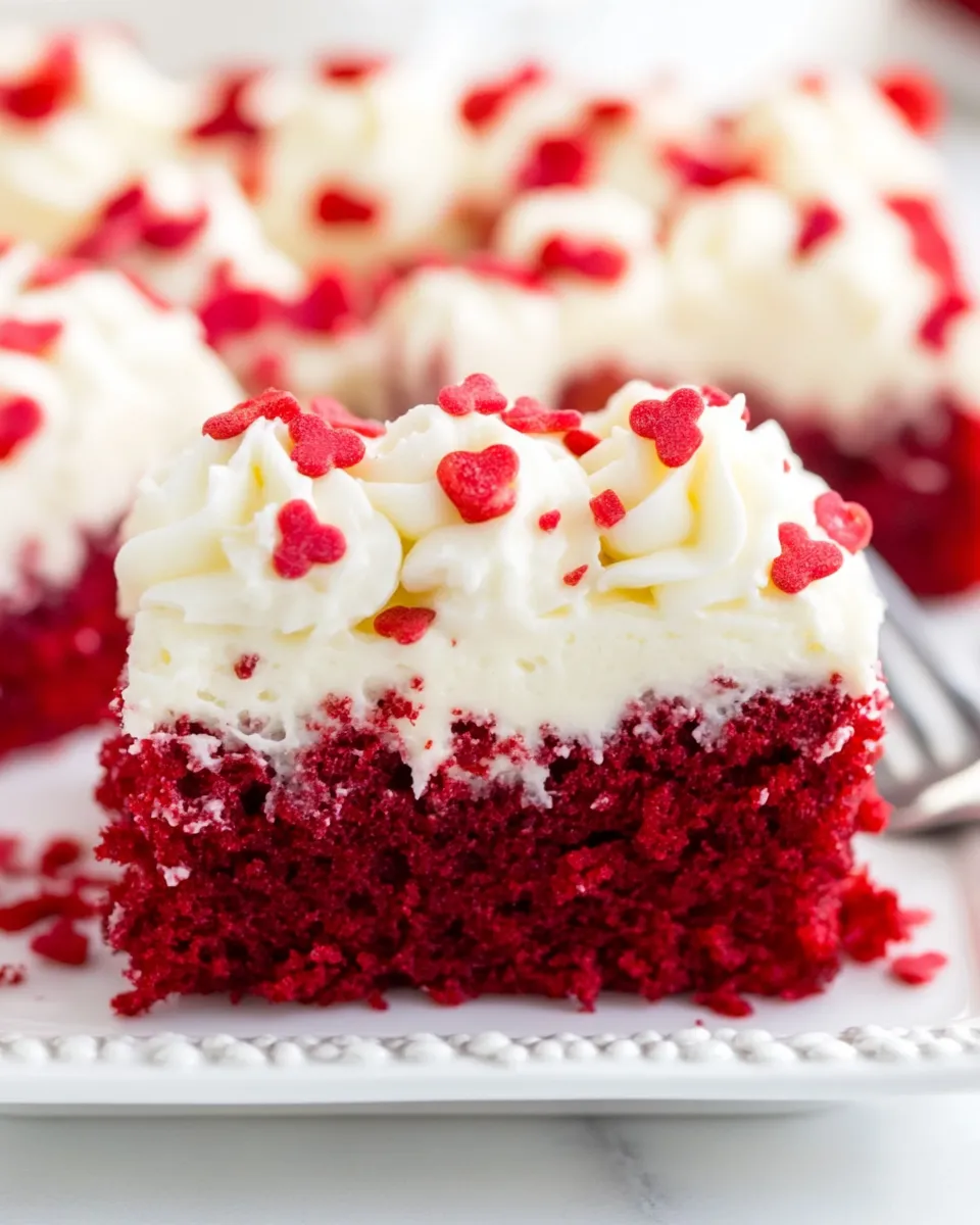 Delicious Red Velvet Poke Cake with Cream Cheese Frosting shot