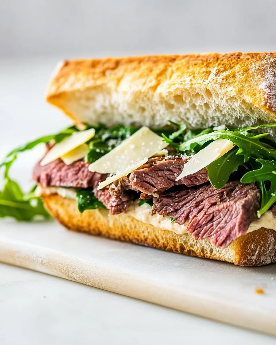 Homemade Roast Beef Sandwich with Arugula and Shaved Parmesan photo