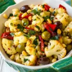 Homemade Roasted Cauliflower with Red Peppers, Green Olives, and Pine Nuts photo