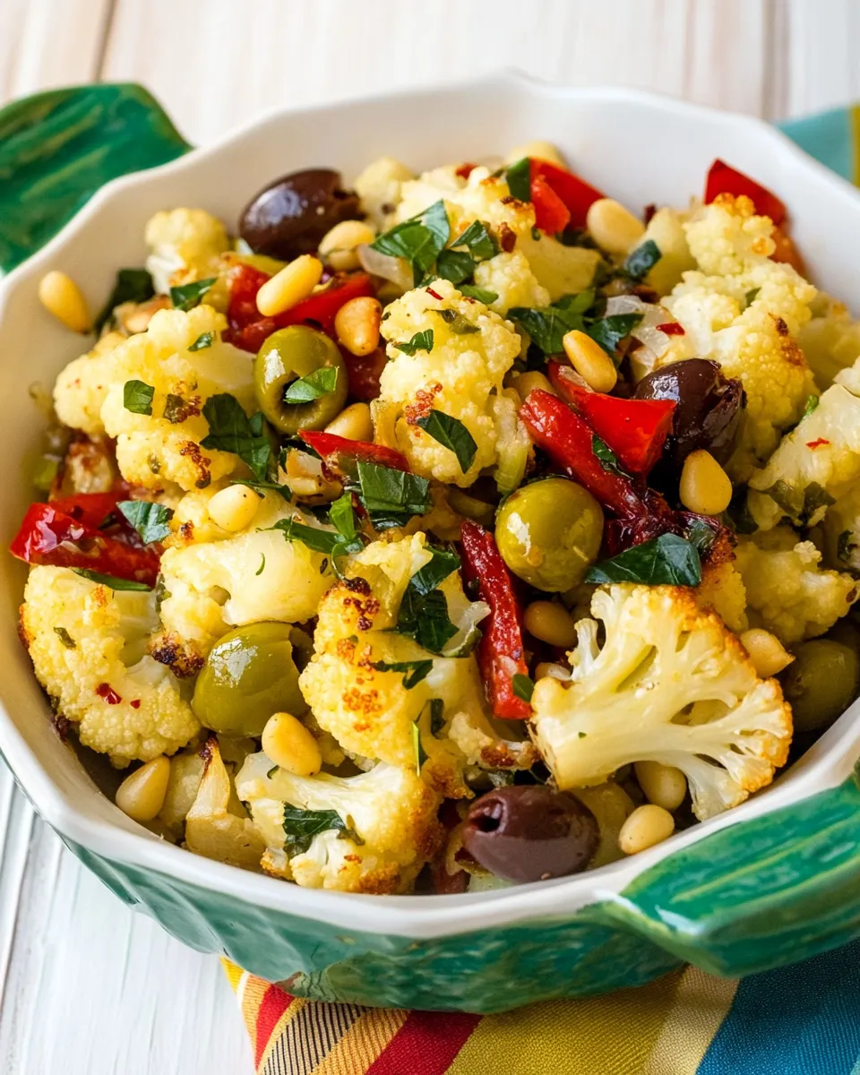 Homemade Roasted Cauliflower with Red Peppers, Green Olives, and Pine Nuts photo