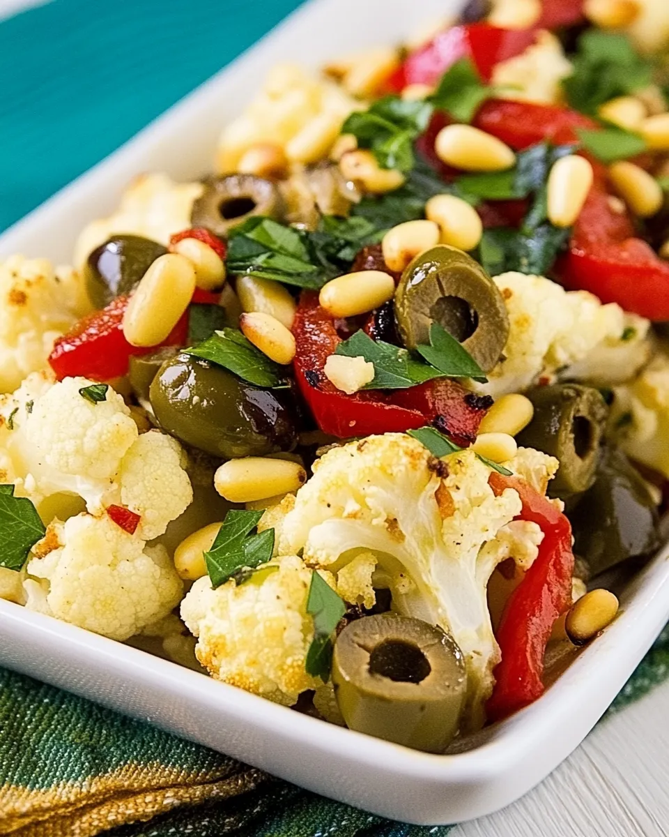 Delicious Roasted Cauliflower with Red Peppers, Green Olives, and Pine Nuts image