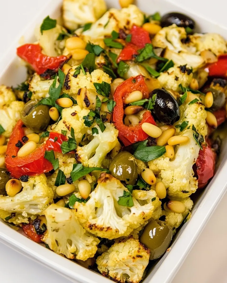 Savory Roasted Cauliflower with Red Peppers, Green Olives, and Pine Nuts dish photo