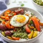 Easy Roasted Vegetable Rice Bowls with Jammy Egg and Pesto photo