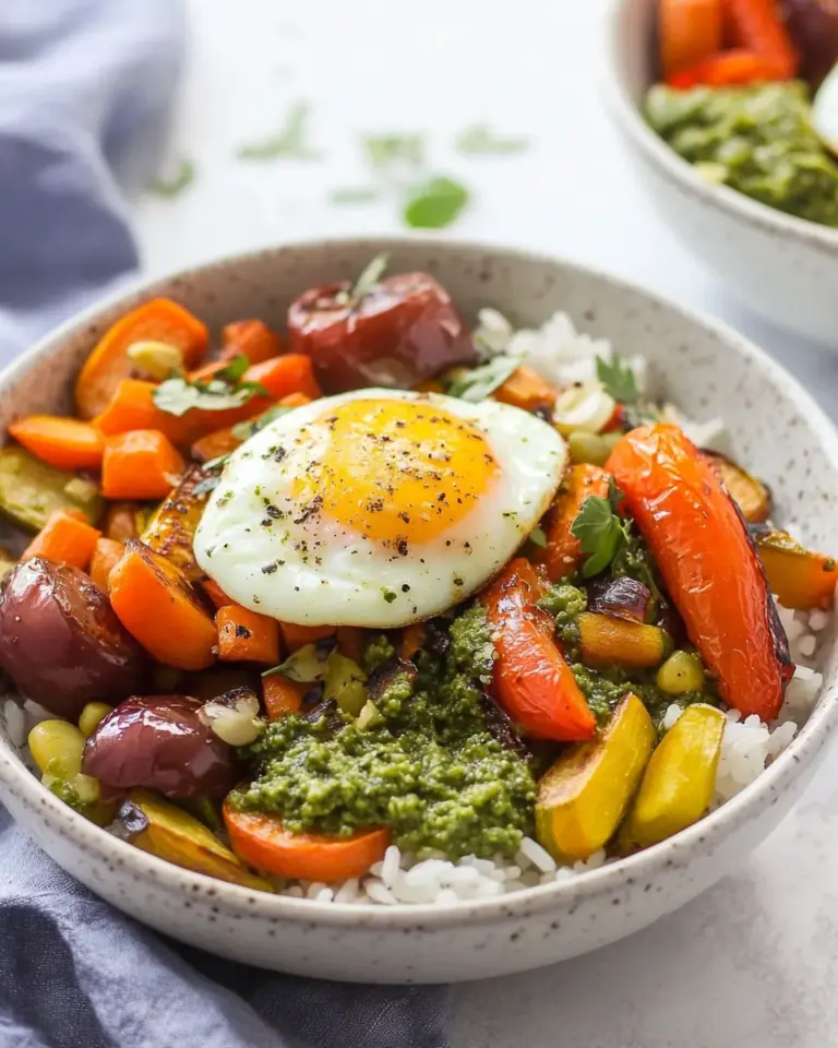 Easy Roasted Vegetable Rice Bowls with Jammy Egg and Pesto photo