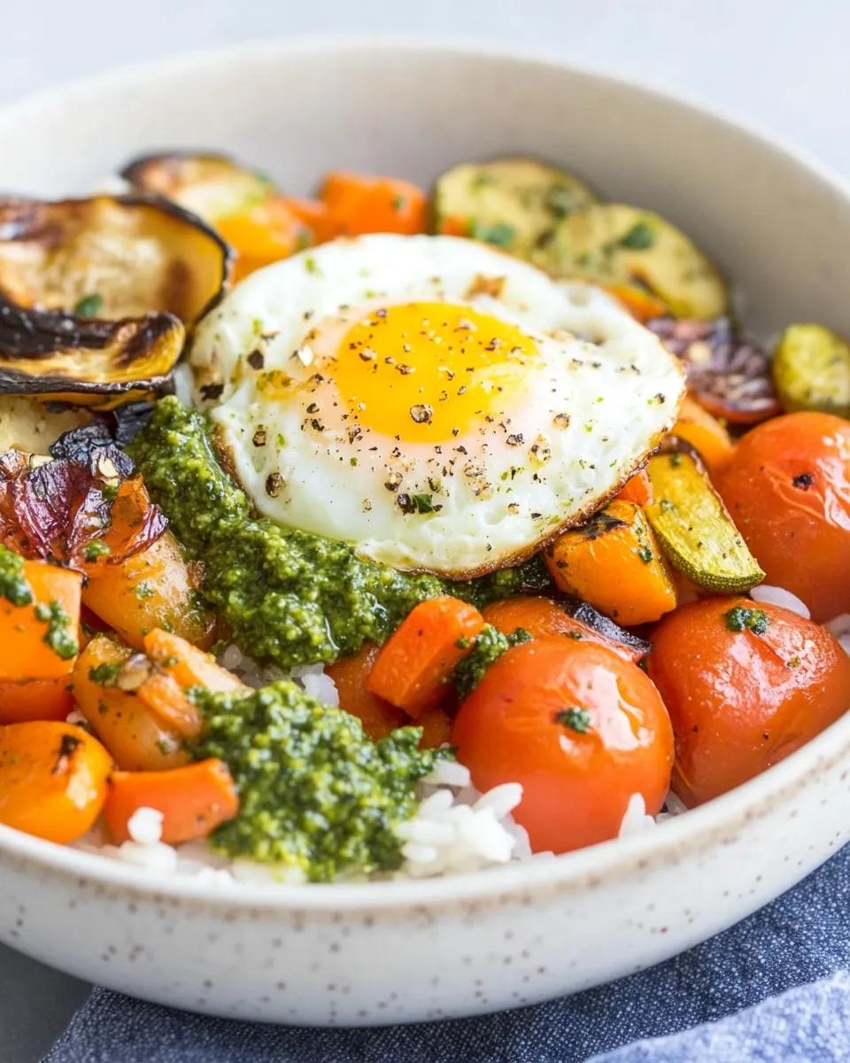 Delicious Roasted Vegetable Rice Bowls with Jammy Egg and Pesto image