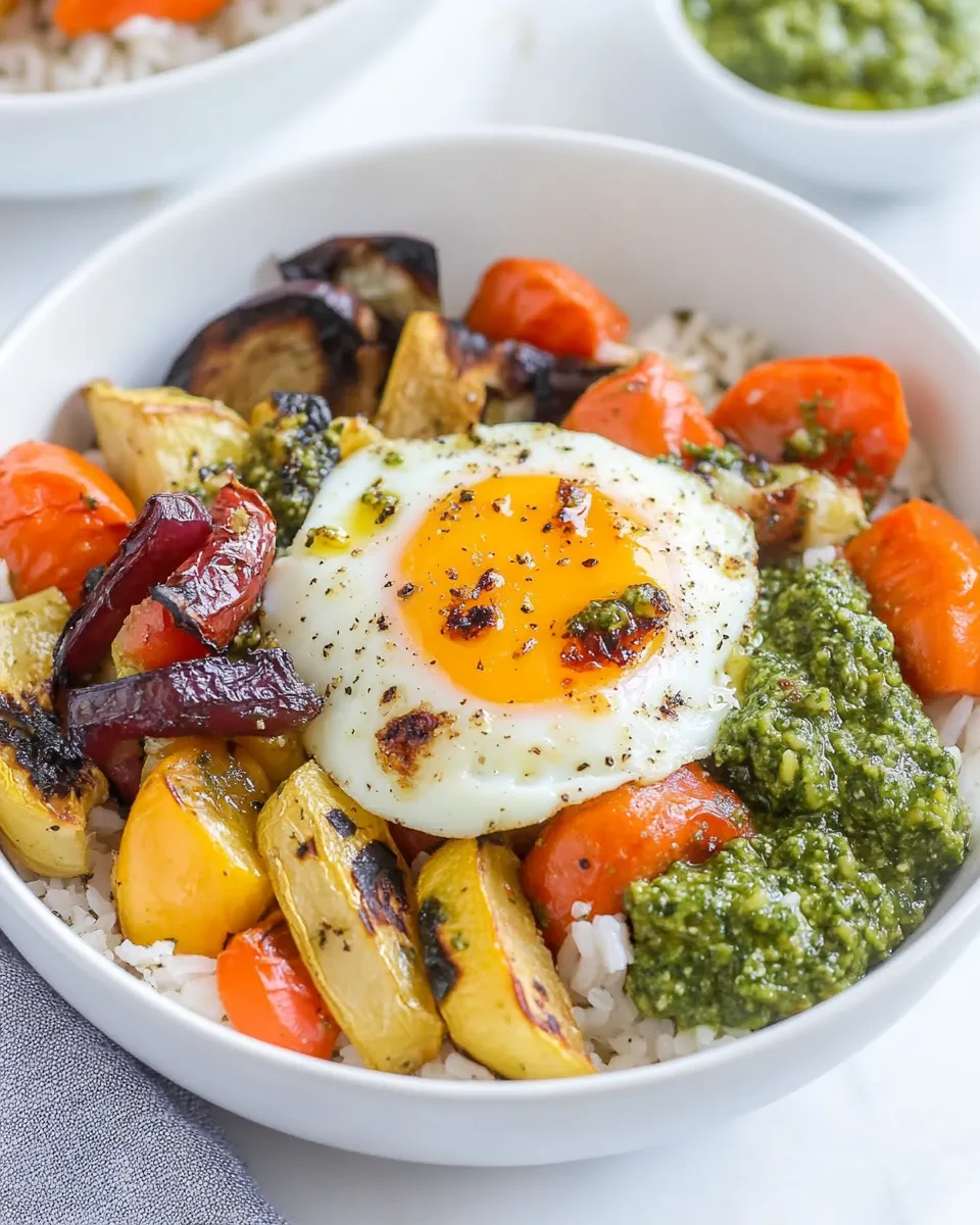 Healthy Roasted Vegetable Rice Bowls with Jammy Egg and Pesto recipe photo