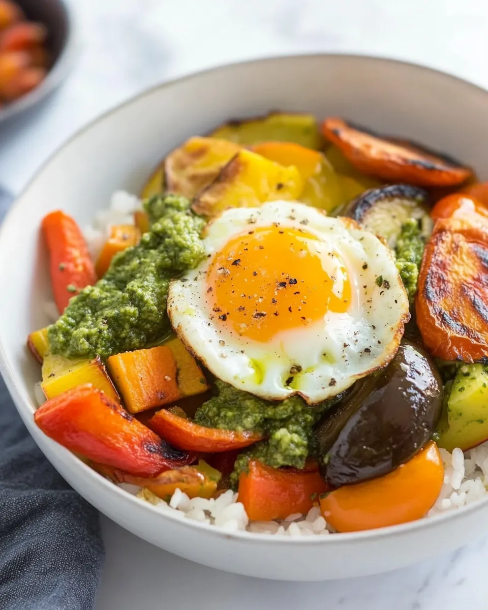 Tasty Roasted Vegetable Rice Bowls with Jammy Egg and Pesto shot