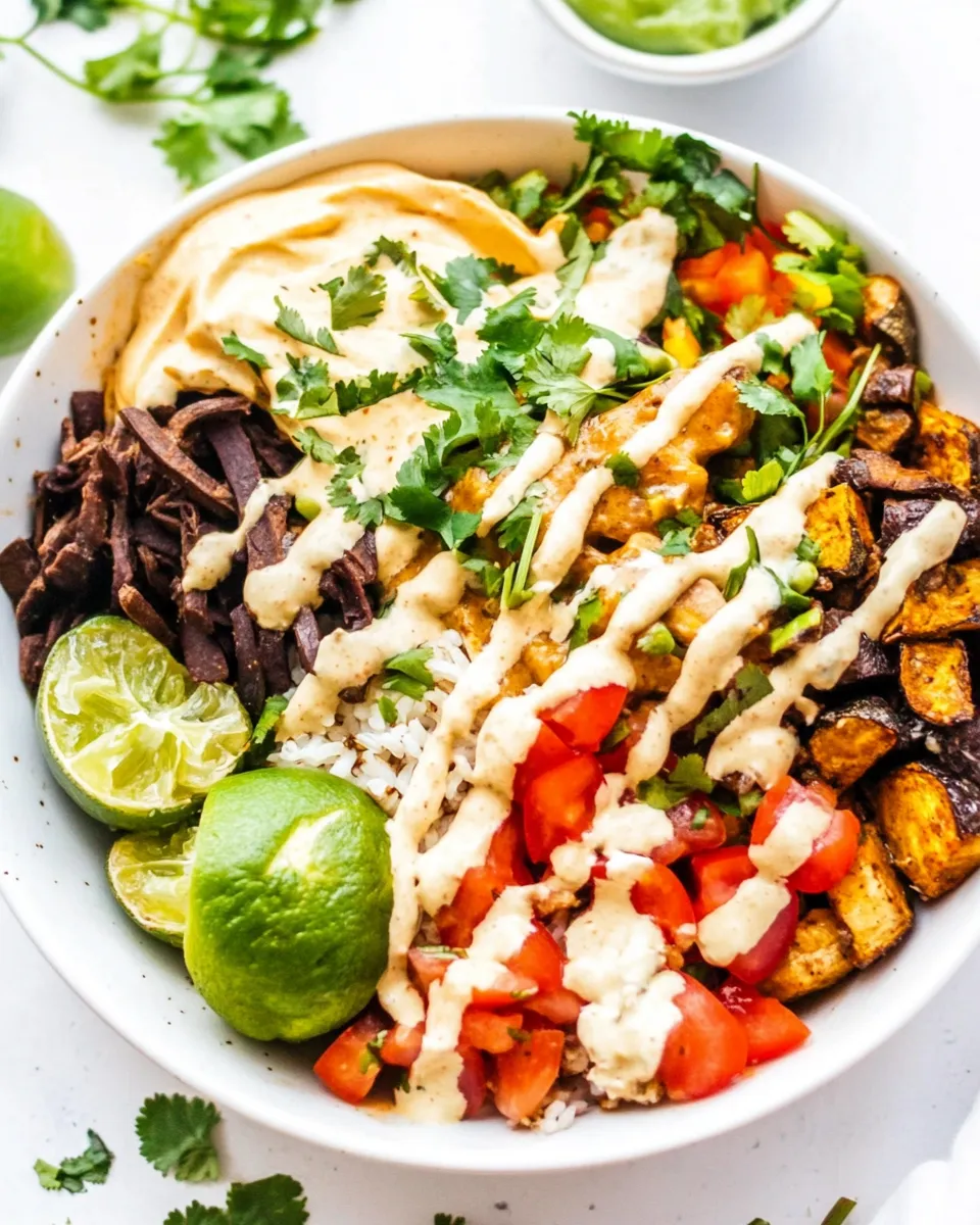 Delicious Roasted Veggie Burrito Bowls with Vegan Queso image