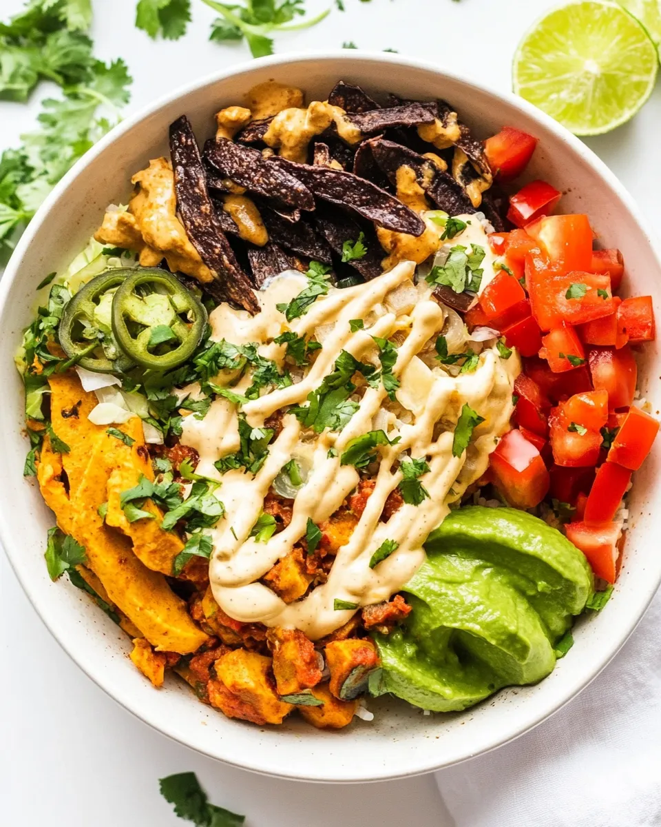 Savory Roasted Veggie Burrito Bowls with Vegan Queso shot