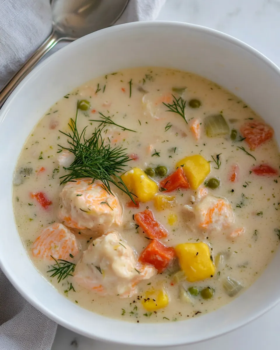 Quick Salmon Chowder with Dill Dumplings. shot
