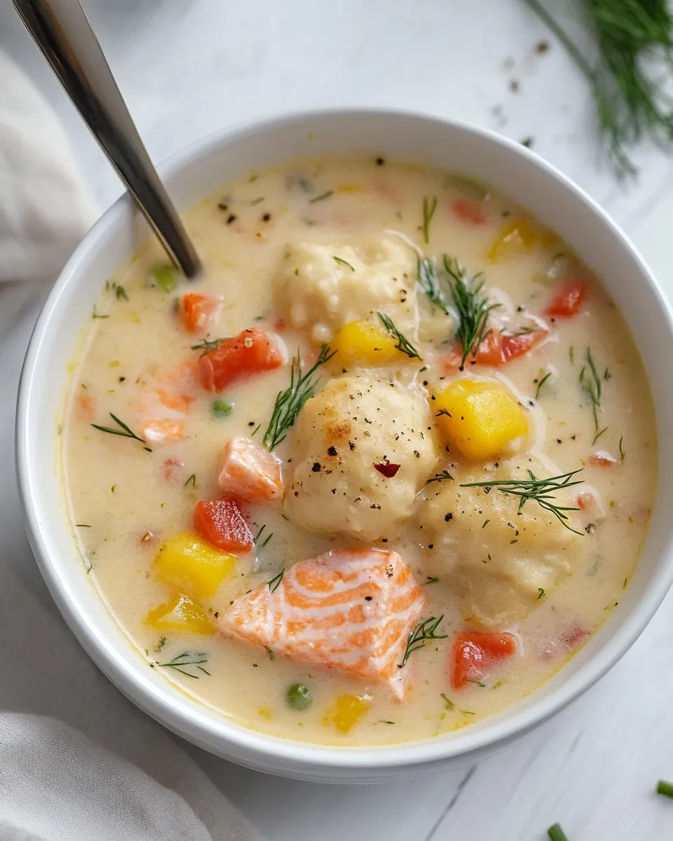Perfect Salmon Chowder with Dill Dumplings. dish image