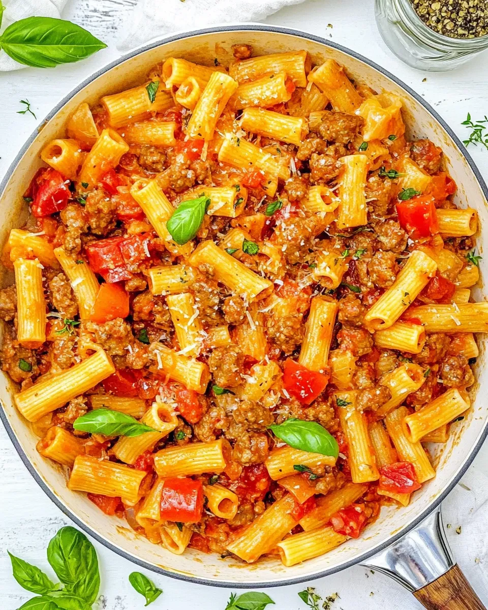 Delicious Sausage Rigatoni Pasta Skillet shot