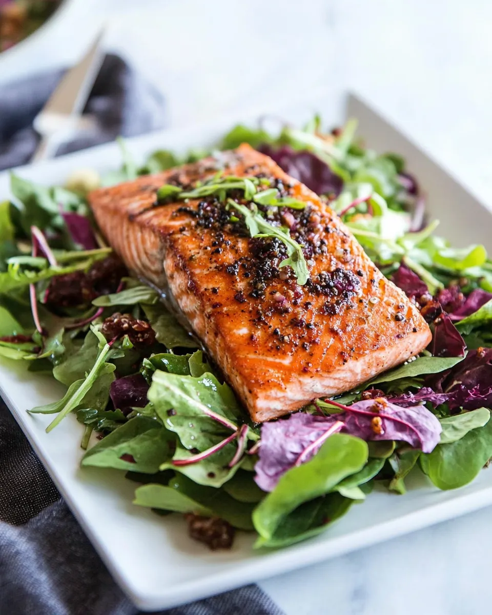 Delicious Seared Salmon over Mixed Greens image