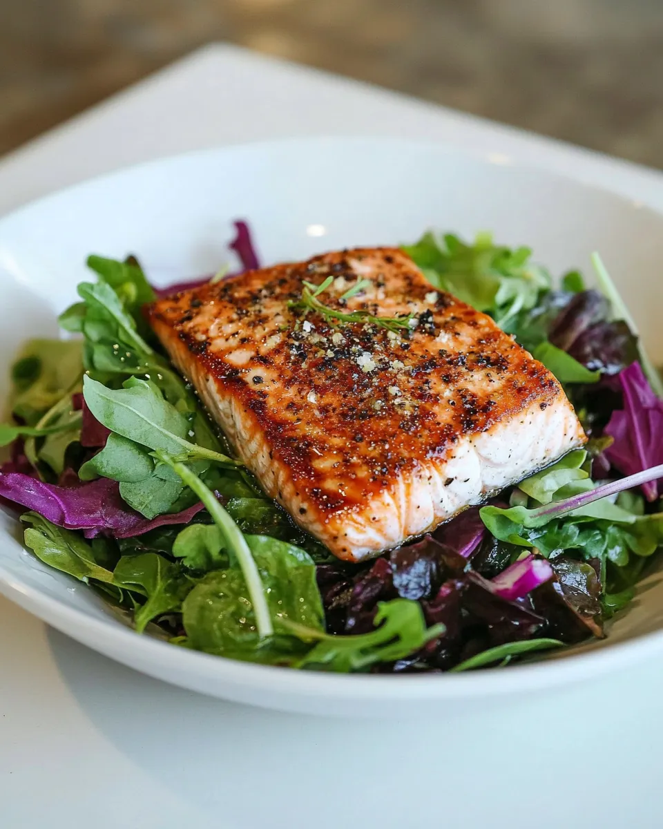 Healthy Seared Salmon over Mixed Greens recipe photo
