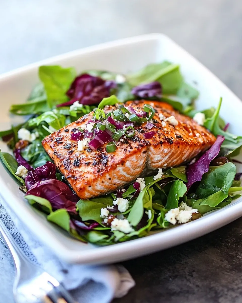 Quick Seared Salmon over Mixed Greens shot