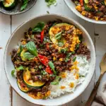 Homemade Sheet Pan Chili Crisp Beef Zucchini Rice Bowls. shot