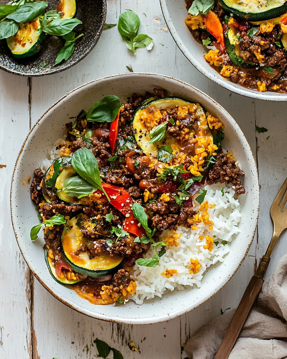 Homemade Sheet Pan Chili Crisp Beef Zucchini Rice Bowls. shot