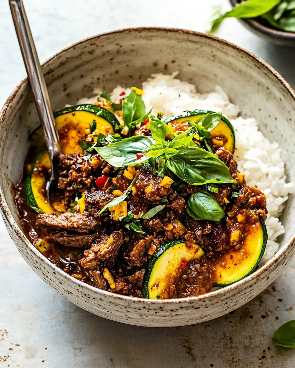 Quick Sheet Pan Chili Crisp Beef Zucchini Rice Bowls. food shot