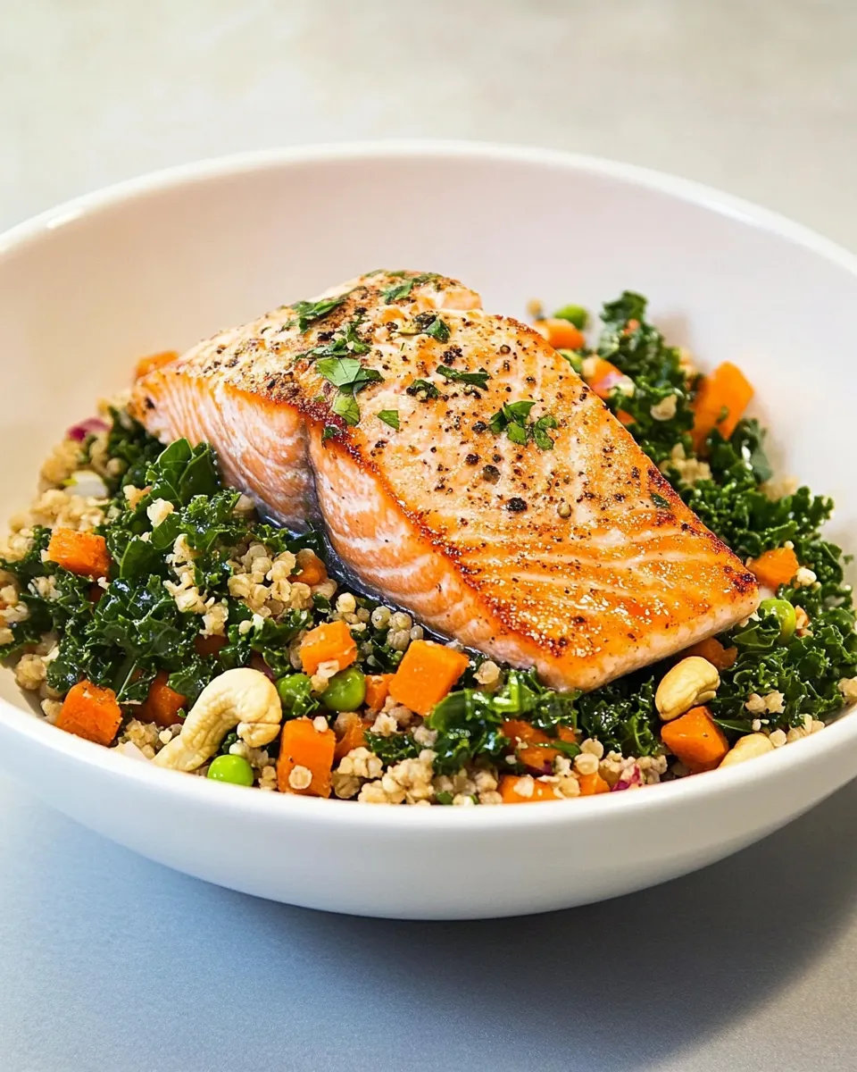 Easy Skinny Salmon, Kale, & Cashew Bowl recipe photo