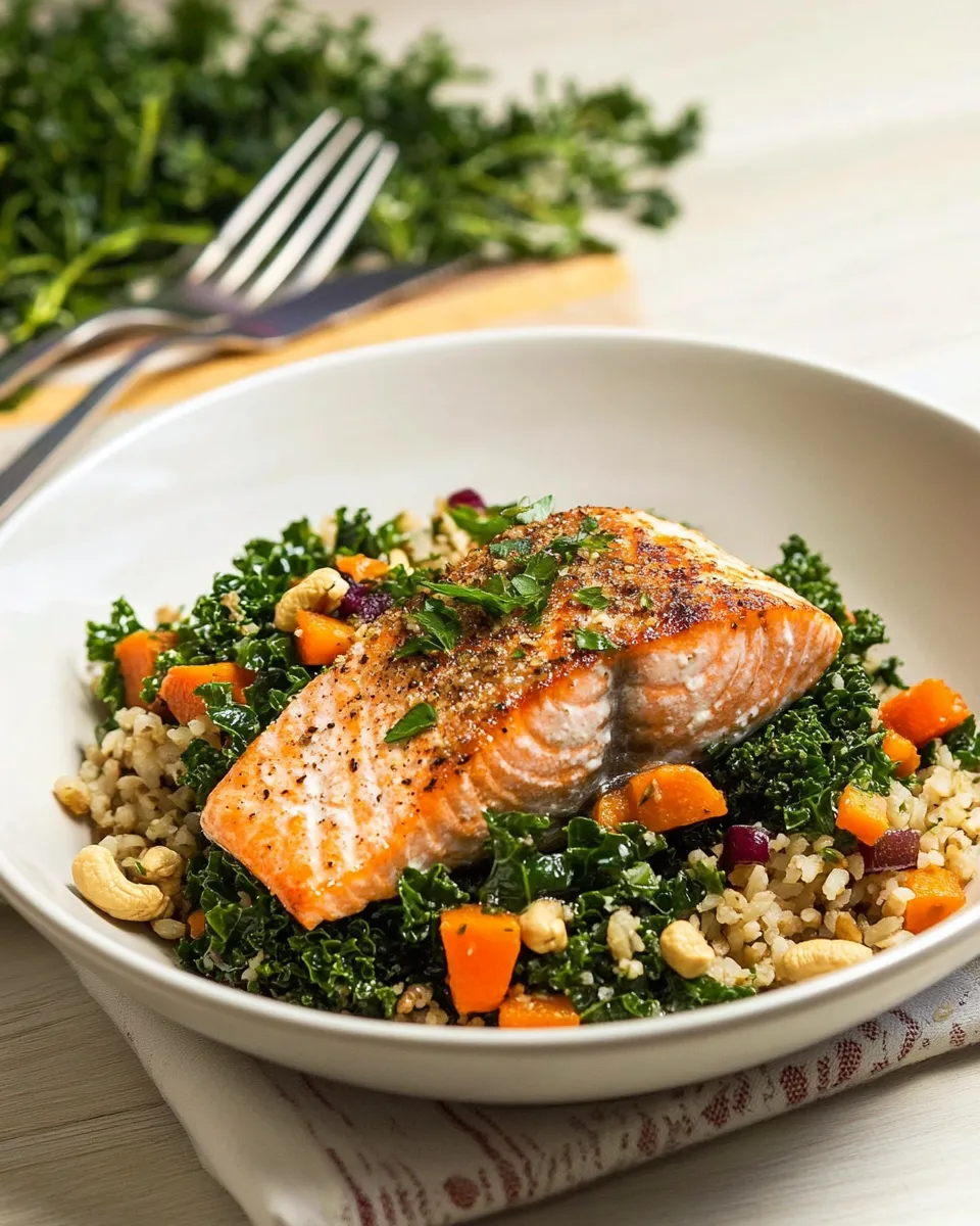 Delicious Skinny Salmon, Kale, & Cashew Bowl shot