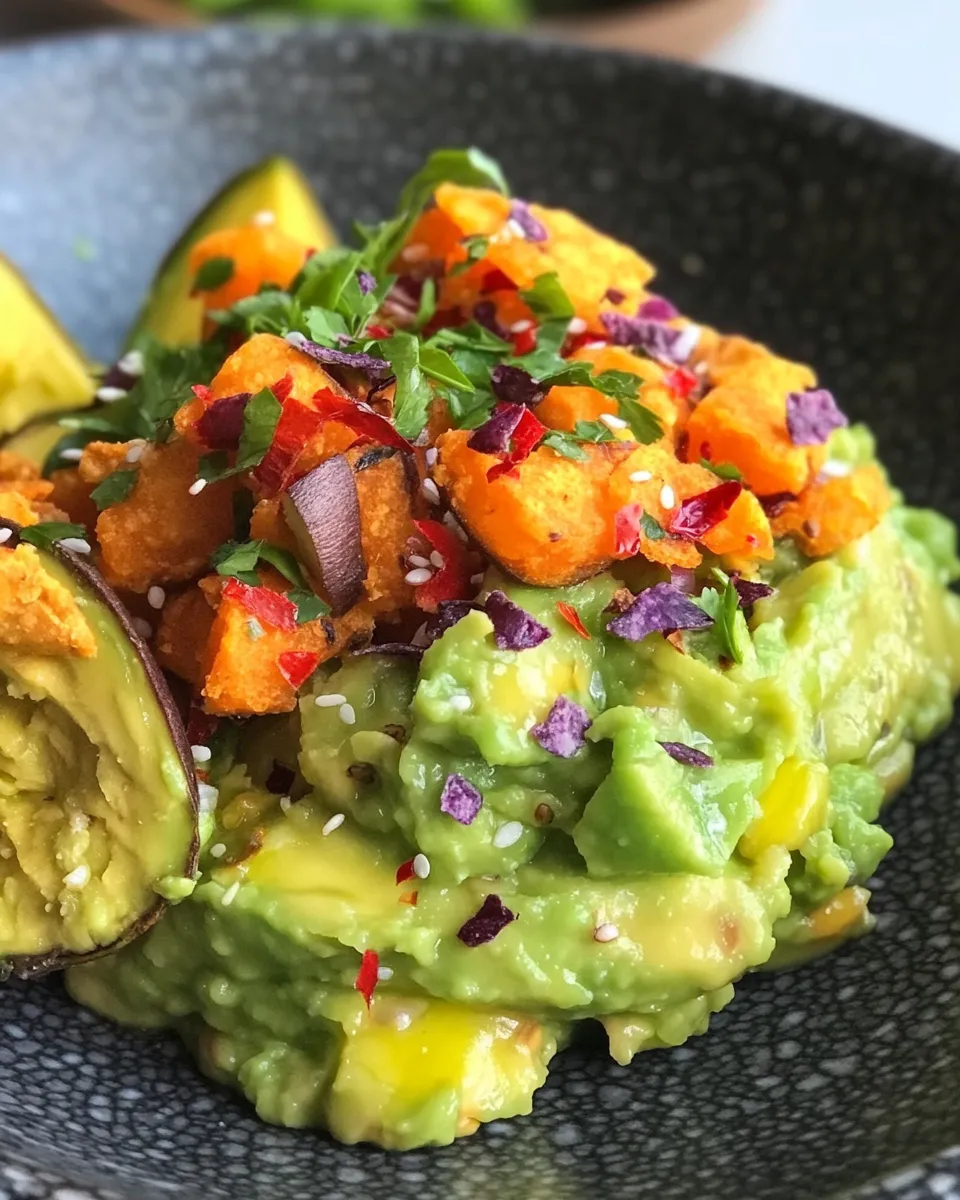 Healthy Smashed Avocados with Sweet Potato Chips dish photo