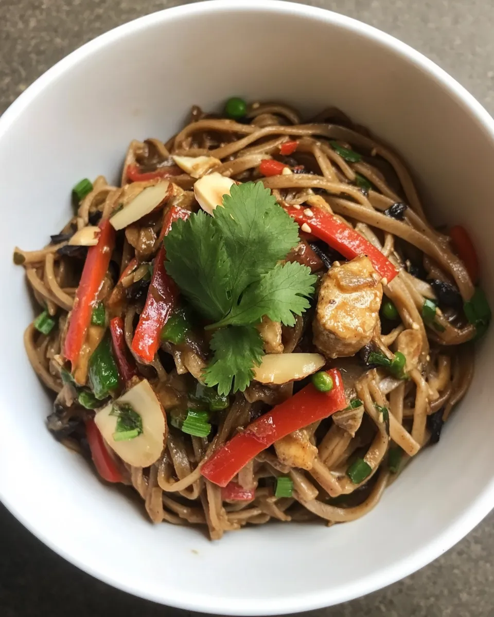 Quick Soba Noodle Stir-Fry with Spicy Almond Butter Sauce shot