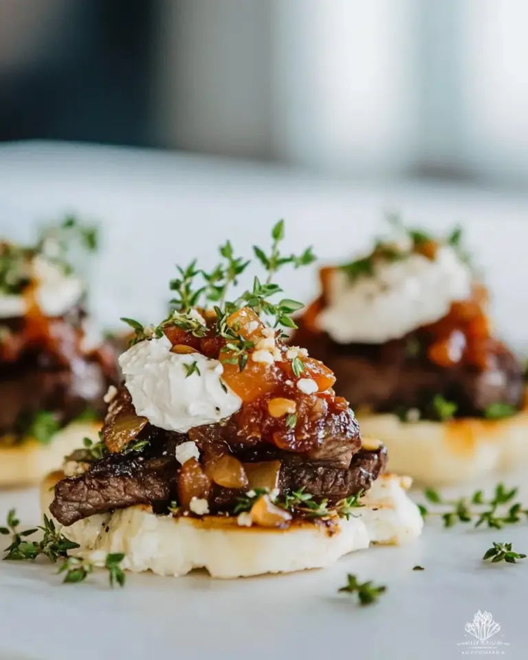 Homemade Steak Appetizer with Caramelized Onion and Boursin Garlic & Fine Herbs Cheese photo
