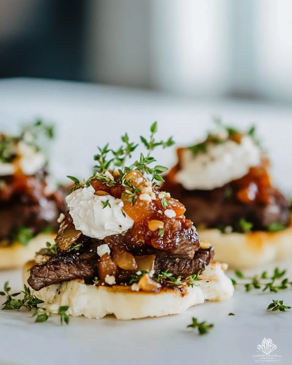 Homemade Steak Appetizer with Caramelized Onion and Boursin Garlic & Fine Herbs Cheese photo