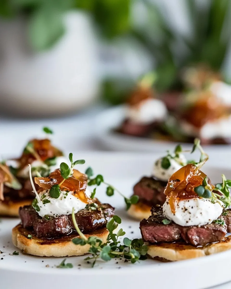 Delicious Steak Appetizer with Caramelized Onion and Boursin Garlic & Fine Herbs Cheese shot