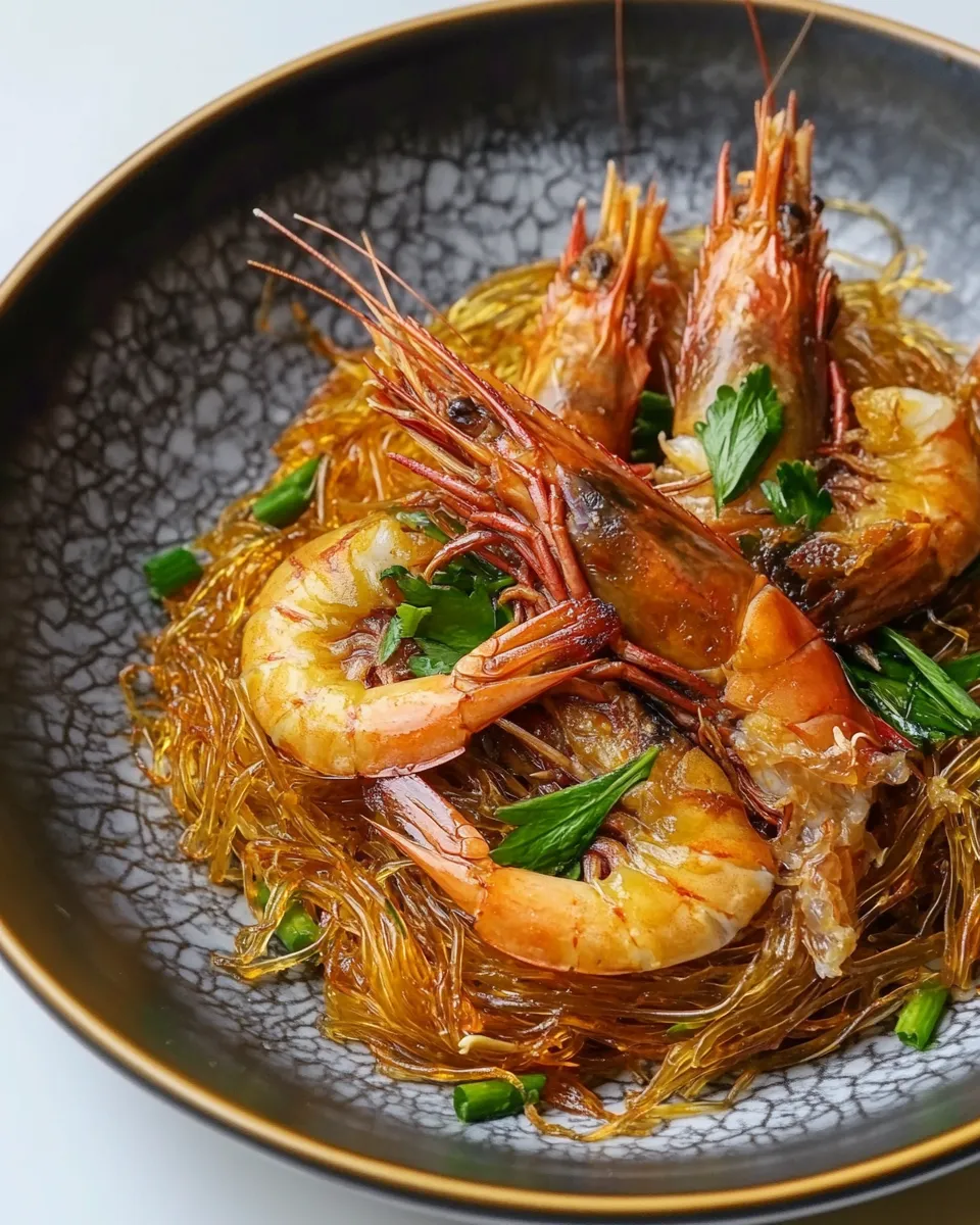 Savory Steamed Prawns w/ Glass Noodles (Goong ob Woonsen) image