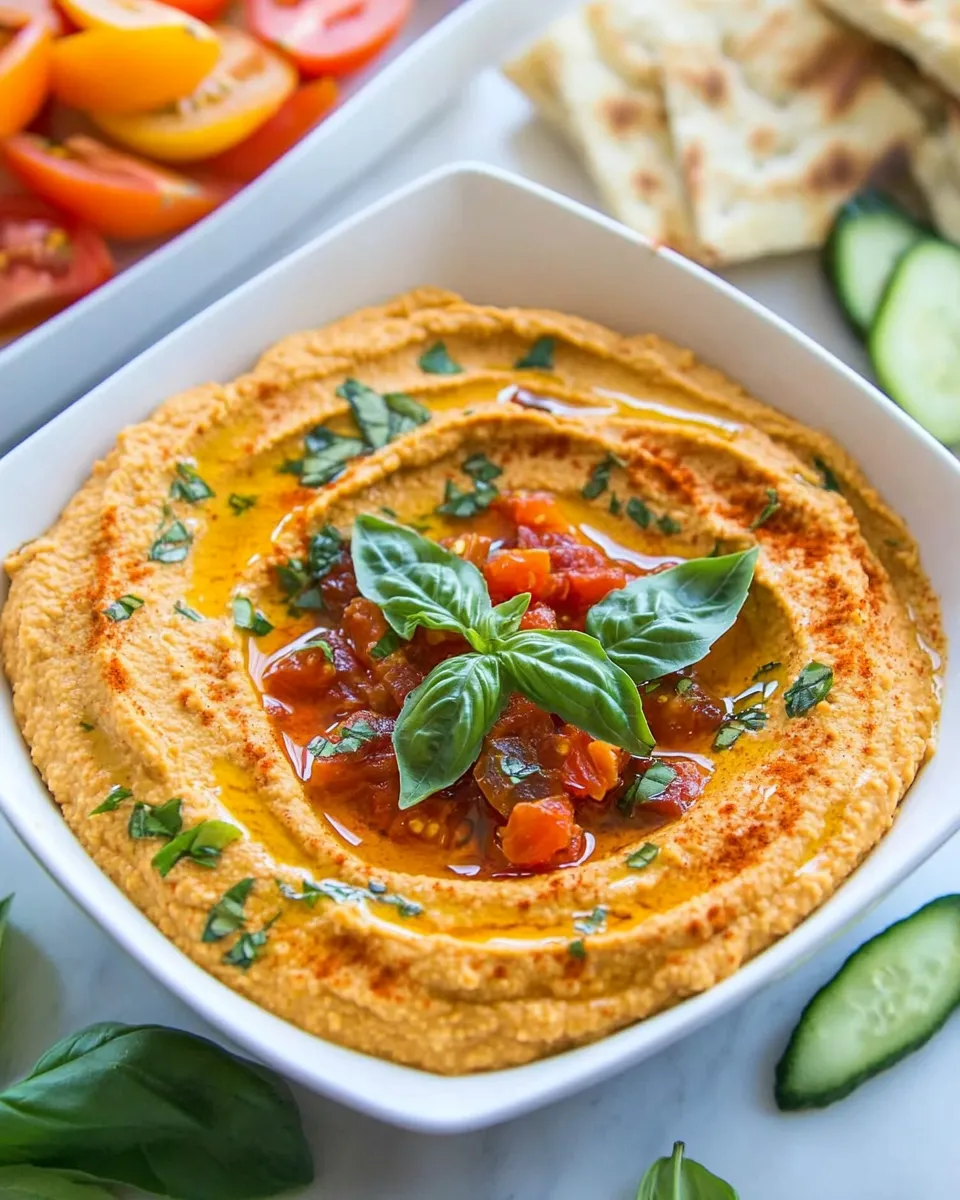 Homemade Sun Dried Tomato Basil Hummus photo