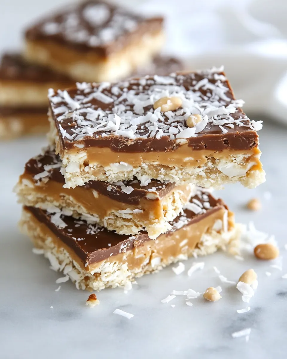 Homemade Toasted Coconut Caramel Peanut Butter Snickers Bars photo