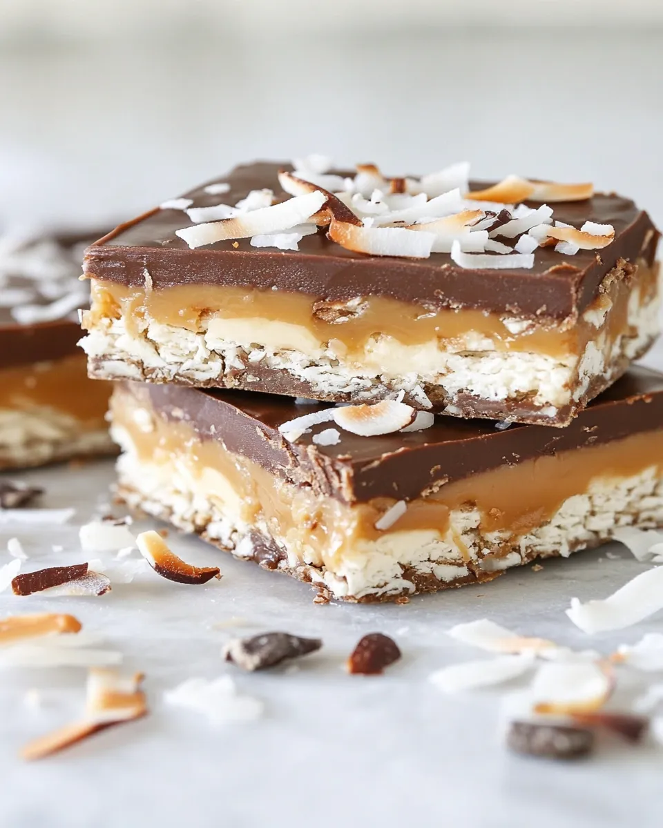Delicious Toasted Coconut Caramel Peanut Butter Snickers Bars image