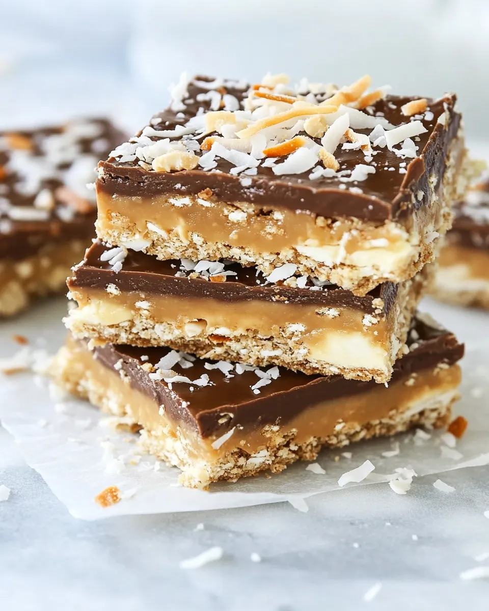 Easy Toasted Coconut Caramel Peanut Butter Snickers Bars recipe photo