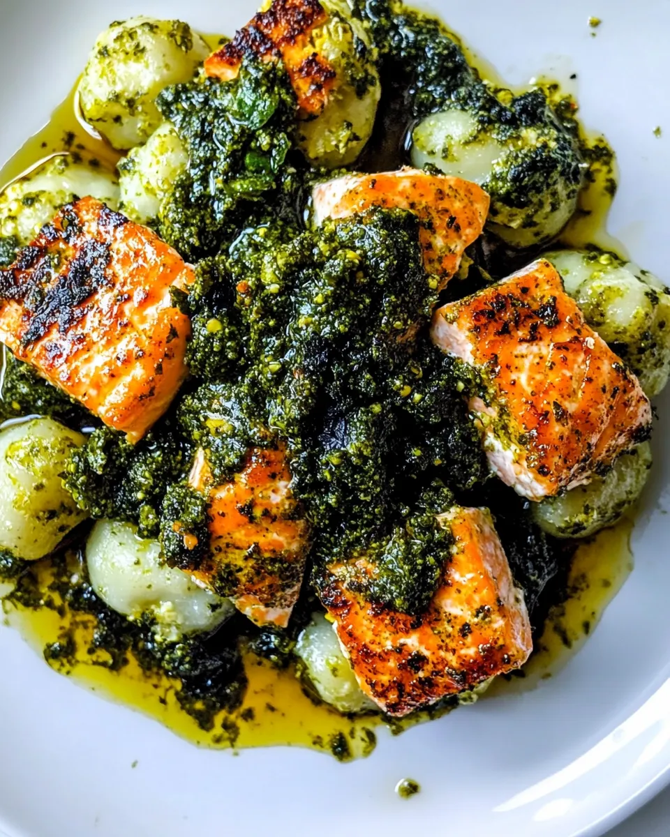 Delicious Trader Joes Cauliflower Gnocchi with Pesto Salmon image