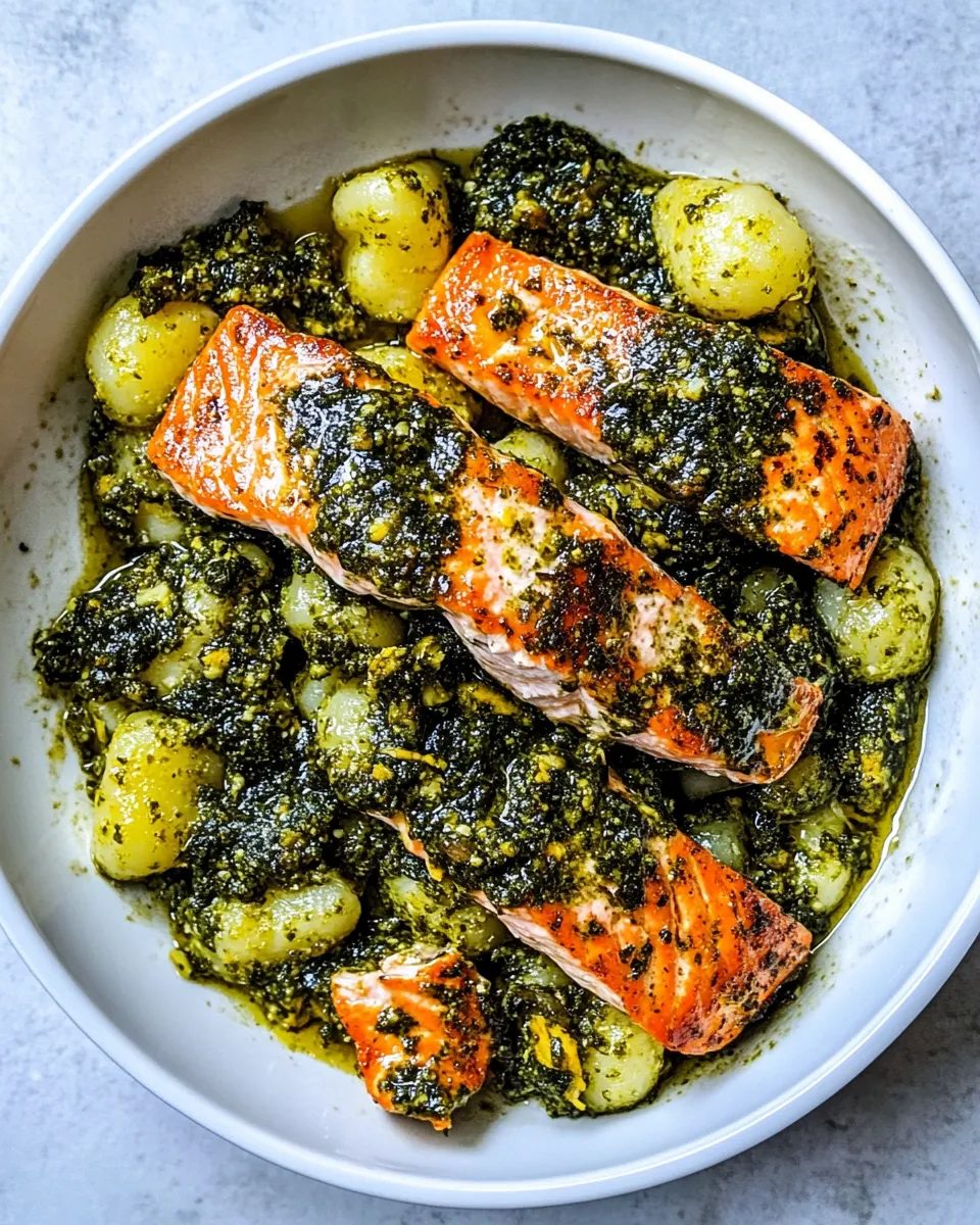Healthy Trader Joes Cauliflower Gnocchi with Pesto Salmon recipe photo