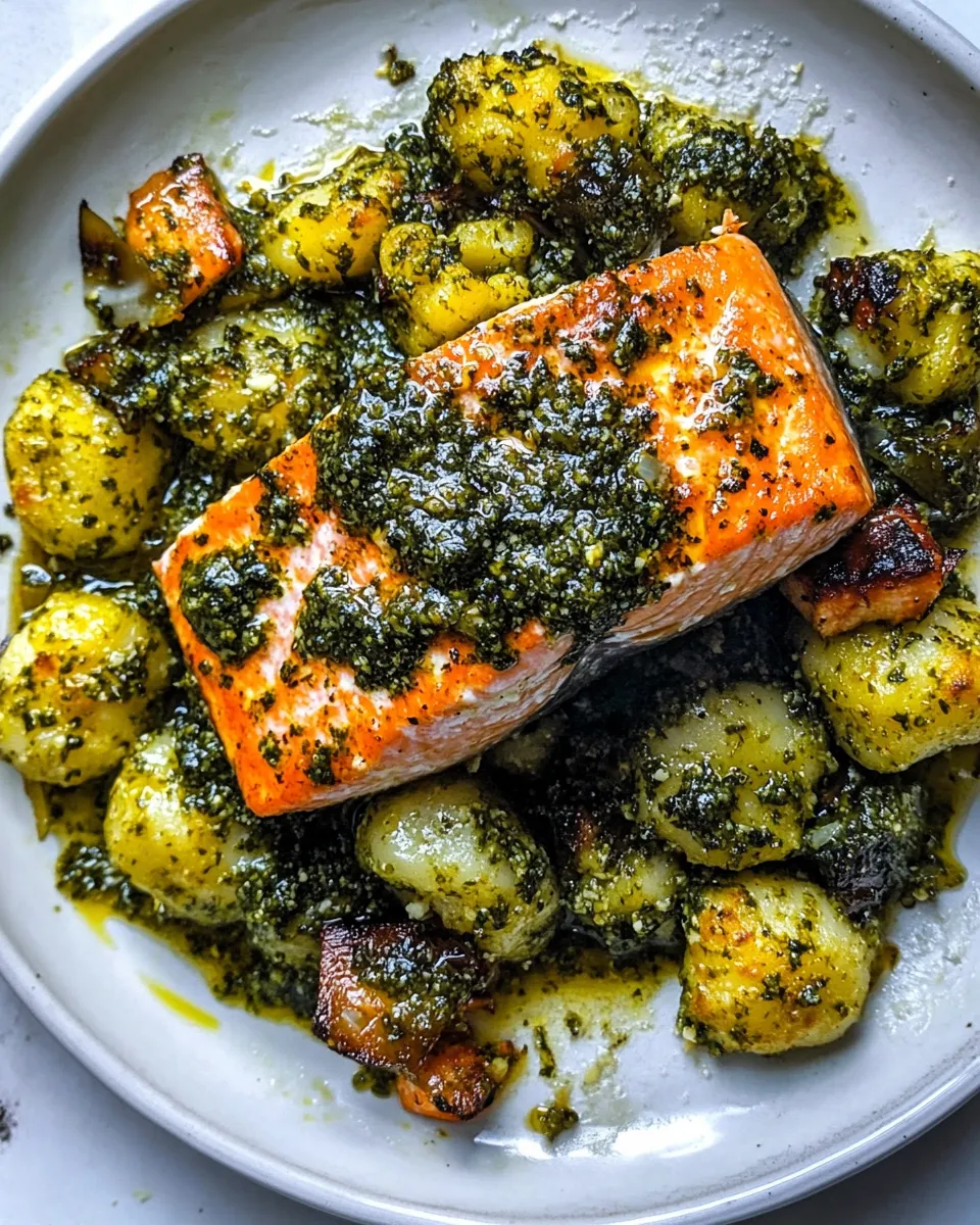 Quick Trader Joes Cauliflower Gnocchi with Pesto Salmon shot